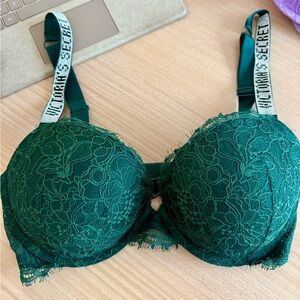 Victoria's Secret Emerald Green Lace Push-Up Bra with Branded Straps
